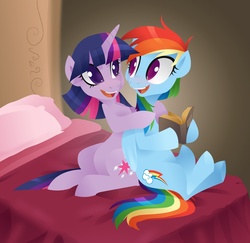 Size: 1198x1165 | Tagged: safe, artist:kilo, rainbow dash, twilight sparkle, g4, bed, blushing, book, female, lesbian, ship:twidash, shipping