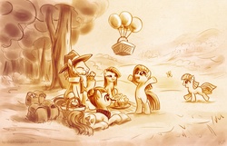 Size: 1200x771 | Tagged: safe, artist:kp-shadowsquirrel, cloudy quartz, igneous rock pie, limestone pie, marble pie, pinkie pie, earth pony, pony, g4, balloon, food, happy, muffin, picnic, picnic basket, pie family, pinkamena diane pie, ship:quartzrock