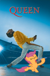 Size: 472x708 | Tagged: safe, scootaloo, human, pony, g4, freddie mercury, irl, photo, ponies in real life, queen (band), vector