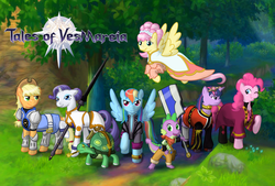 Size: 1038x700 | Tagged: safe, artist:av-marten, artist:syggie, applejack, fluttershy, pinkie pie, rainbow dash, rarity, spike, tank, twilight sparkle, g4, sword, tales of series, tales of vesperia