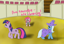 Size: 3137x2160 | Tagged: safe, artist:13era, pinkie pie, trixie, twilight sparkle, g4, duel, high res