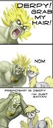 Size: 792x1884 | Tagged: safe, artist:hattonslayden, derpy hooves, human, pegasus, pony, g4, broly, crossover, dragon ball, dragon ball z, female, grab my meme, male, mare, meme, nom