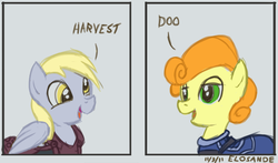 Size: 775x457 | Tagged: safe, artist:elosande, carrot top, derpy hooves, golden harvest, earth pony, pegasus, pony, g4, duo, duo female, female, mare, mass effect, parody