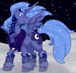 Size: 1500x1436 | Tagged: safe, artist:elosande, nightmare moon, princess luna, alicorn, pony, g4, armor, backwards cutie mark, colored hooves, darkhorse knight, eyebrows, male, prince artemis, rule 63, solo, spread wings, stallion, unshorn fetlocks, wings