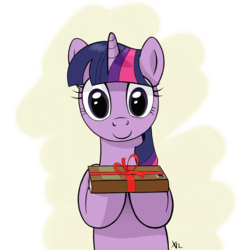 Size: 1549x1614 | Tagged: safe, artist:xn-d, twilight sparkle, pony, unicorn, g4, book, female, gift giving, looking at you, mare, smiling, solo, unicorn twilight