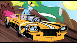 Size: 701x398 | Tagged: safe, artist:tiarawhy, fluttershy, pinkie pie, rainbow dash, reginald, dragon, earth pony, pegasus, pony, g4, anime reference, car, female, green dragon, mare, racing, redline, supercharger, transam, v8