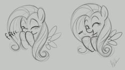 Size: 683x382 | Tagged: safe, artist:egophiliac, fluttershy, pony, g4, cute, female, monochrome, sketch, solo