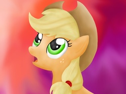 Size: 1024x768 | Tagged: safe, artist:bronytoss, applejack, earth pony, pony, g4, bust, female, gradient background, looking up, mare, open mouth, portrait, solo, three quarter view