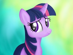 Size: 1024x768 | Tagged: safe, artist:bronytoss, twilight sparkle, pony, unicorn, g4, bust, female, gradient background, looking at you, looking sideways, mare, portrait, smiling, solo, three quarter view