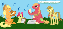 Size: 900x422 | Tagged: safe, artist:cartoonlion, apple bloom, apple strudely, applejack, big macintosh, earth pony, pony, g4, apple family member, band, jug, male, music, stallion, washboard