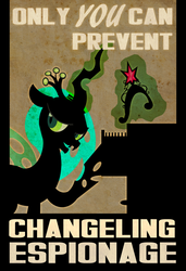 Size: 956x1400 | Tagged: safe, artist:pixelkitties, queen chrysalis, changeling, changeling queen, g4, big crown thingy, element of magic, elements of harmony, fallout, fallout: new vegas, fangs, female, file cabinet, frown, jewelry, levitation, lineless, magic, open mouth, poster, propaganda, raised hoof, smiling, solo, standing, telekinesis, text, tiara