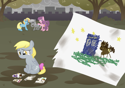 Size: 1024x724 | Tagged: safe, artist:apple-cake, derpy hooves, doctor whooves, time turner, oc, pegasus, pony, g4, abuse, bow, bully, crying, derpybuse, doctor who, drawing, feels, ribbon, tail bow, tardis, the girl who waited, younger