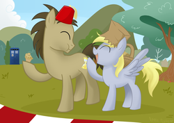 Size: 900x636 | Tagged: safe, artist:apple-cake, derpy hooves, doctor whooves, time turner, pegasus, pony, costume, doctor who, female, fez, hat, mare, nightmare night, paper bag wizard, tardis
