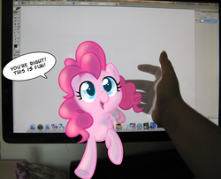 Size: 1078x872 | Tagged: safe, artist:egophiliac, pinkie pie, twilight sparkle, earth pony, human, pony, g4, breaking the fourth wall, computer, dialogue, female, fourth wall, fourth wall destruction, hand, irl, irl human, mac os, mac os x, mare, photo, pinkie being pinkie, ponies in real life, speech bubble, toy, underhoof