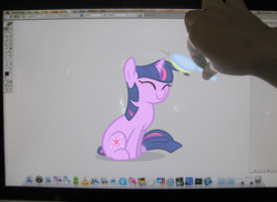 Size: 1582x1151 | Tagged: safe, artist:egophiliac, twilight sparkle, human, g4, brush, brushing, computer, eyes closed, fourth wall, hand, irl, irl human, mac os, mac os x, photo, ponies in real life