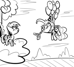 Size: 880x800 | Tagged: dead source, safe, artist:tess, pinkie pie, rainbow dash, g4, balloon, cloud, flying, monochrome, party horn, then watch her balloons lift her up to the sky