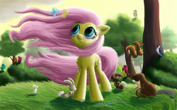 Size: 2000x1250 | Tagged: safe, artist:deathpwny, fluttershy, beaver, bird, butterfly, mouse, pegasus, pony, rabbit, squirrel, g4, female, mare, windswept mane