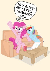 Size: 3508x4961 | Tagged: safe, artist:toonlancer, pinkie pie, rainbow dash, earth pony, pegasus, pony, g4, computer, couch, duo, female, laptop computer, mare, my little human, sitting, speech bubble, weird, wtf