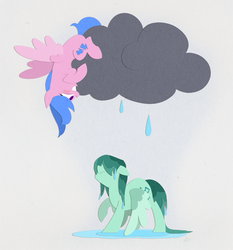 Size: 930x1000 | Tagged: safe, artist:egophiliac, firefly, medley, earth pony, pegasus, pony, g1, cloud, duo, female, gray background, hair over eyes, mare, puddle, rain, raincloud, simple background, upside down, wet mane