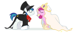 Size: 1277x575 | Tagged: safe, artist:egophiliac, princess cadance, shining armor, pony, unicorn, g4, clothes, female, hat, male, mare, ship:shiningcadance, shipping, simple background, stallion, straight, suit, top hat, transparent background