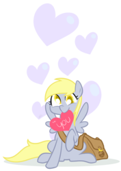 Size: 1000x1413 | Tagged: safe, artist:egophiliac, derpy hooves, pegasus, pony, g4, bag, female, heart, mare, mouth hold, solo, valentine