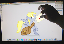 Size: 1095x750 | Tagged: safe, artist:egophiliac, derpy hooves, pegasus, pony, g4, female, fourth wall, letter, mailbag, mare