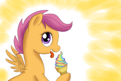 Size: 2100x1400 | Tagged: safe, artist:mochasketch, scootaloo, pegasus, pony, g4, female, filly, foal, ice cream, ice cream cone, rainbow ice cream, solo