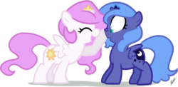 Size: 1120x545 | Tagged: dead source, safe, artist:egophiliac, princess celestia, princess luna, alicorn, pony, g4, :o, boop, cewestia, cute, cutelestia, duo, eyes closed, female, filly, filly celestia, filly luna, foal, honk, nose wrinkle, open mouth, pink-mane celestia, royal sisters, simple background, sisters, smiling, transparent background, wide eyes, woona, younger
