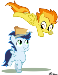 Size: 1267x1618 | Tagged: safe, artist:egophiliac, soarin', spitfire, pegasus, pony, g4, colt, colt soarin', female, filly, filly spitfire, male, pie, simple background, that pony sure does love pies, transparent background, younger