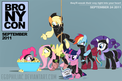 Size: 1013x675 | Tagged: safe, artist:egophiliac, applejack, fluttershy, pinkie pie, rainbow dash, rarity, twilight sparkle, bronycon, g4, brightly colored ninjas, kunoichi, mane six, ninja