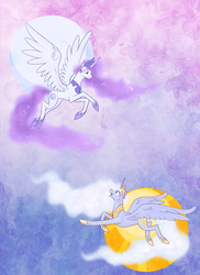 Size: 1200x1650 | Tagged: safe, artist:egophiliac, princess celestia, princess luna, alicorn, pony, g4, crown, duo, ethereal mane, female, gradient background, hoof shoes, jewelry, mare, moon, peytral, princess of the night, princess of the sun, regalia, role reversal, royal sisters, sisters, spread wings, starry mane, sun, wings
