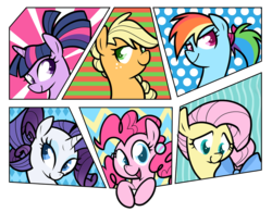 Size: 1055x821 | Tagged: dead source, safe, artist:egophiliac, applejack, fluttershy, pinkie pie, rainbow dash, rarity, twilight sparkle, g4, alternate hairstyle, braid, bust, mane six, out of frame, pigtails, ponytail, portrait