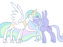 Size: 640x480 | Tagged: safe, artist:egophiliac, princess celestia, princess luna, alicorn, pony, g4, duo, ethereal mane, eyes closed, female, mare, nuzzling, royal sisters, s1 luna, sibling love, siblings, simple background, sisterly love, sisters, spread wings, white background, wings