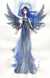 Size: 900x1387 | Tagged: dead source, safe, artist:ladyamaltea, princess luna, human, g4, female, humanized, solo, traditional art, winged humanization