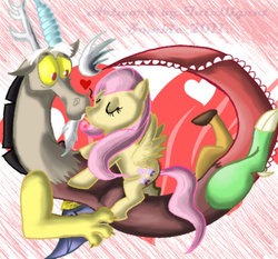 Size: 900x839 | Tagged: safe, artist:intelligent-zombie, discord, fluttershy, draconequus, pegasus, pony, g4, female, heart, interspecies, kissing, male, ship:discoshy, shipping, straight