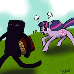 Size: 512x512 | Tagged: safe, artist:ciriliko, twilight sparkle, enderman, pony, unicorn, g4, book, chase, creeper (minecraft), crossover, female, mare, minecraft, unicorn twilight