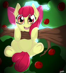 Size: 500x551 | Tagged: safe, artist:nessia, apple bloom, earth pony, pony, g4, adorabloom, apple, cute, female, filly, foal, frog (hoof), looking at you, solo, tree, underhoof