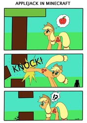 Size: 1240x1754 | Tagged: safe, artist:ciriliko, applejack, earth pony, enderman, pony, g4, 3 panel comic, apple, applebucking, bucking, comic, creeper, crossover, exclamation point, female, food, interrobang, mare, minecraft, open mouth, open smile, question mark, shocked, shocked expression, smiling, surprised, tree