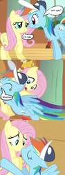 Size: 816x2165 | Tagged: source needed, safe, edit, edited screencap, screencap, fluttershy, rainbow dash, pegasus, pony, g4, comic, female, i'm gay, kissing, lesbian, mondegreen, needs more jpeg, screencap comic, ship:flutterdash, shipping