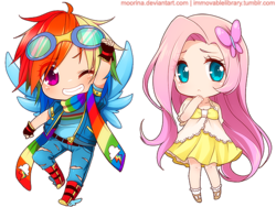 Size: 600x450 | Tagged: dead source, safe, artist:moorina, fluttershy, rainbow dash, human, g4, chibi, clothes, colored pupils, cute, dashabetes, dress, duo, fingerless gloves, gloves, goggles, humanized, scarf, shyabetes, simple background, torn clothes, transparent background, winged shoes