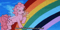 Size: 500x250 | Tagged: safe, screencap, honeysuckle, flutter pony, pony, g1, my little pony 'n friends, angry, animated, fake rainbow, female, rainbow, solo