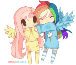 Size: 700x598 | Tagged: dead source, safe, artist:limegreen-tiger, fluttershy, rainbow dash, human, g4, chibi, clothes, cute, duo, duo female, female, hug, humanized, lesbian, ship:flutterdash, shipping, simple background, socks, striped socks, transparent background