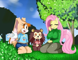 Size: 2409x1864 | Tagged: safe, artist:ss2sonic, fluttershy, chao, anthro, g4, animal crossing, breasts, busty fluttershy, cheese, clothes, cream the rabbit, crossover, female, mai waifus have met, midriff, sonic the hedgehog (series)