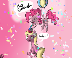 Size: 1250x1000 | Tagged: safe, artist:terra-aquis, lily, lily valley, pinkie pie, g4, balloon, birthday, hat, party hat, then watch her balloons lift her up to the sky