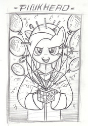 Size: 536x770 | Tagged: safe, artist:romus z, pinkie pie, earth pony, semi-anthro, g4, balloon, candy, candy cane, female, food, hellraiser, lament configuration, lemarchand's box, lollipop, monochrome, parody, pinhead, pinkamena diane pie, solo