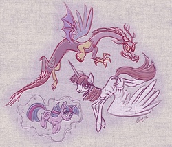 Size: 1094x938 | Tagged: safe, artist:lauren faust, discord, twilight sparkle, oc, oc:fausticorn, alicorn, draconequus, pony, unicorn, g4, alicorn oc, female, lauren faust, levitation, magic, male, mare, self-levitation, telekinesis, trio, unicorn twilight