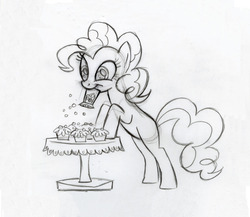 Size: 1227x1064 | Tagged: safe, artist:lauren faust, pinkie pie, earth pony, pony, g4, color me, concept art, cupcake, female, grayscale, mare, monochrome, solo
