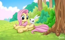 Size: 1680x1050 | Tagged: safe, artist:mysticalpha, angel bunny, fluttershy, pegasus, pony, g4, butt, dock, flutterbutt, plot, wallpaper