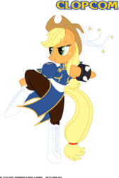 Size: 1149x1713 | Tagged: source needed, safe, artist:x-cross, applejack, earth pony, semi-anthro, g4, chun li, clop, clothes, female, pantyhose, parody, simple background, solo, street fighter