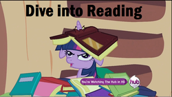 Size: 960x541 | Tagged: safe, edit, edited screencap, screencap, twilight sparkle, pony, unicorn, g4, secret of my excess, book, book hat, caption, derp, floppy ears, golden oaks library, horn, horn impalement, hub logo, open mouth